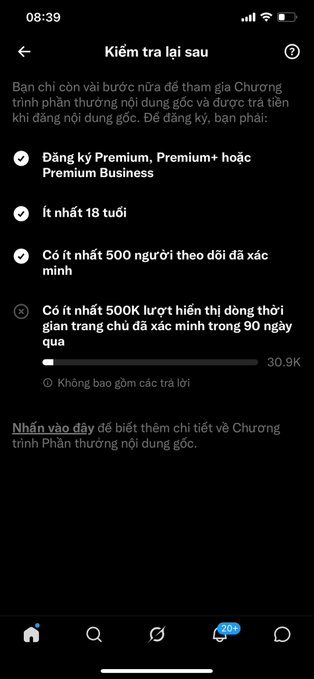 Another screenshot in Vietnamese titled 'Kiểm tra lại sau' (Check back later), showing the same X creator revenue sharing program requirements, but with 30.9K users meeting the criteria and a progress bar partially filled.