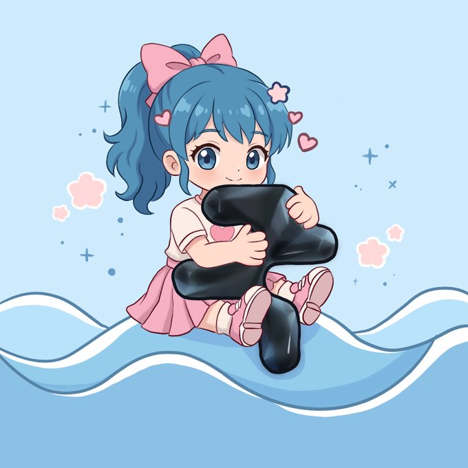 Chibi-style anime illustration of a blue-haired girl with a pink bow hugging a black bone-shaped object, surrounded by floating hearts and sparkles on a blue background.