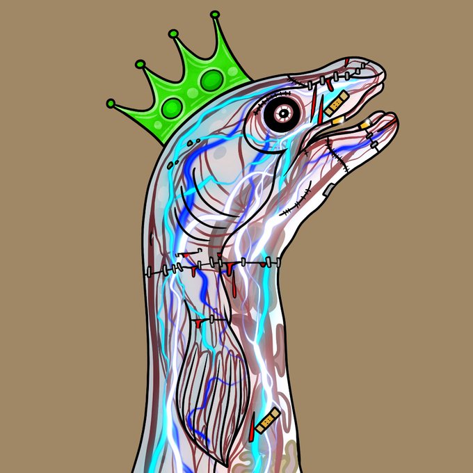 A whimsical illustration of a stitched-together, translucent eel-like creature with glowing blue veins, sharp teeth, and a green crown sits against a tan background, perfectly capturing the quirky, collectible vibe of the featured "poppin eel" NFT from the Donkey_DAO stable, promoted to the $algo community.