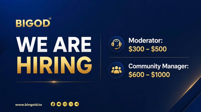 A sleek blue and gold hiring announcement from BIGOD advertises two open roles—a Moderator ($300–$500) and a Community Manager ($600–$1,000)—matching the post's call for passionate Web3, RWA, GoldFi, and community-building talent.