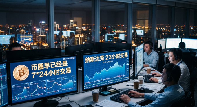 Traders work at computer monitors in an office overlooking a nighttime cityscape, with screens showing Bitcoin (₿) charts and Chinese text stating the crypto market operates 24/7.