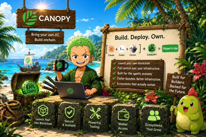 The image features an advertisement for Canopy, which promotes the idea of launching your own blockchain. The advertisement includes a cartoon character wearing a green outfit with a sword, holding a laptop computer while standing near a sign that says "Build, Deploy, Own." This suggests that the platform is designed to help users build and manage their own blockchain projects.