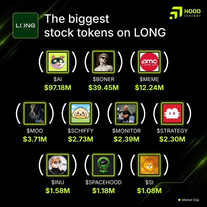 An infographic titled 'The biggest stock tokens on LONG' displays various meme tokens with their market caps, including $AI ($97.18M), $BONER ($39.45M), $MEME ($12.24M), $MOO ($3.71M), $SCHIFFY ($2.73M), $MONITOR ($2.39M), $STRATEGY ($2.30M), $INU ($1.58M), $SPACEHOOD ($1.18M), and $SI ($1.08M), with a 'HOOD Insider' logo in the corner.