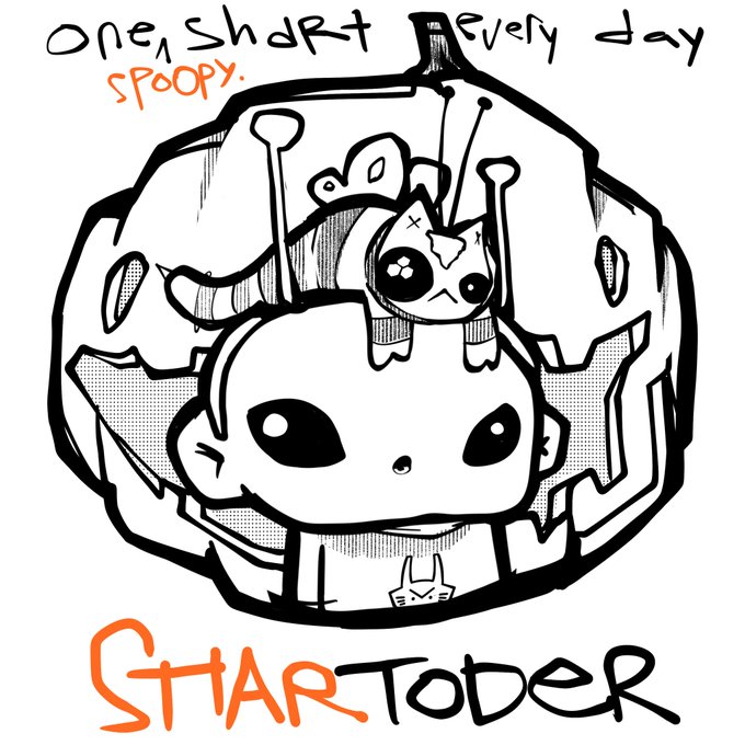 A black and white illustrated sticker/poster featuring a chibi-style cartoon girl inside a jack-o'-lantern with a cat, with text reading 'One Short Every Day spooky' and 'Startoder.'