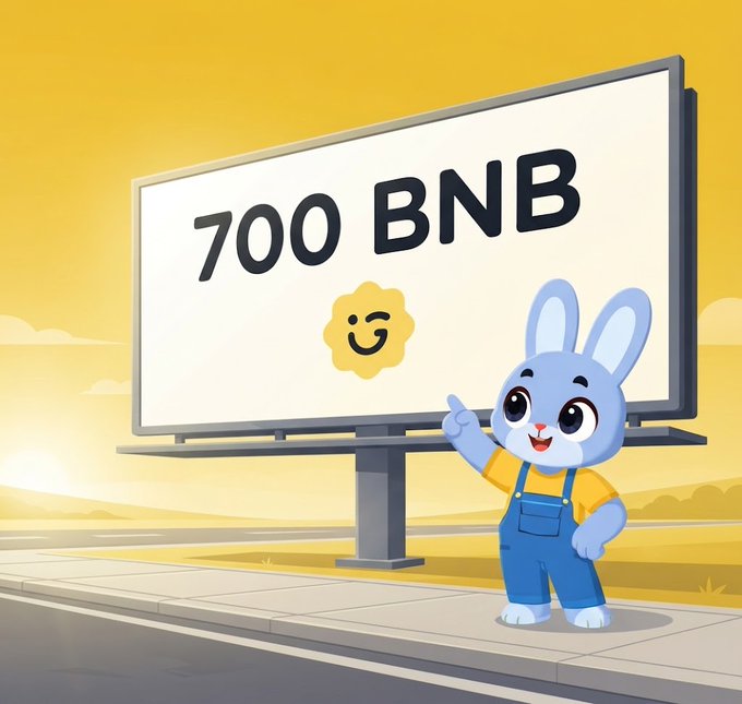 A cartoon bunny in overalls points to a billboard displaying '700 BNB' with a smiling face emoji.
