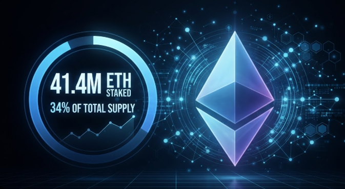 The image showcases a glowing Ethereum (ETH) logo alongside a circular graphic displaying "41.4M ETH STAKED — 34% OF TOTAL SUPPLY," visually emphasizing the significant portion of ETH already locked in staking, which aligns with the post's discussion of EIP-8361 proposals aimed at managing Ethereum's issuance and staking limits as the network approaches safety thresholds.
