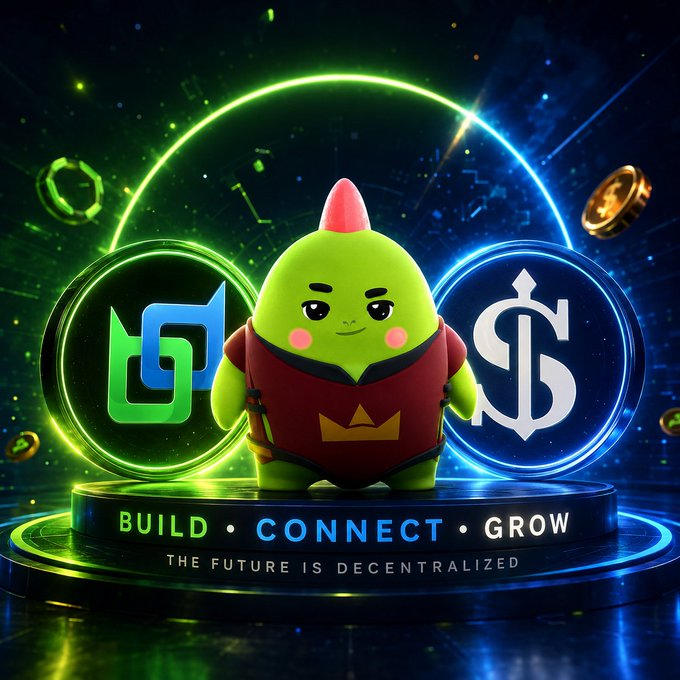 Crypto-themed promotional image featuring a green character with a red crest between two glowing coins labeled 'BUILD • CONNECT • GROW' and 'THE FUTURE IS DECENTRALIZED'.