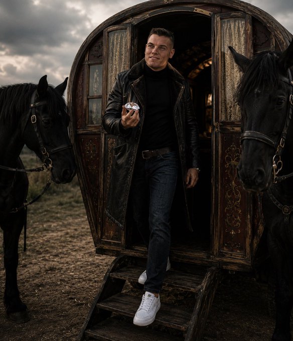 A man in a black leather coat and jeans steps out of an ornate wooden carriage, flanked by two black horses, holding what appears to be a small object.