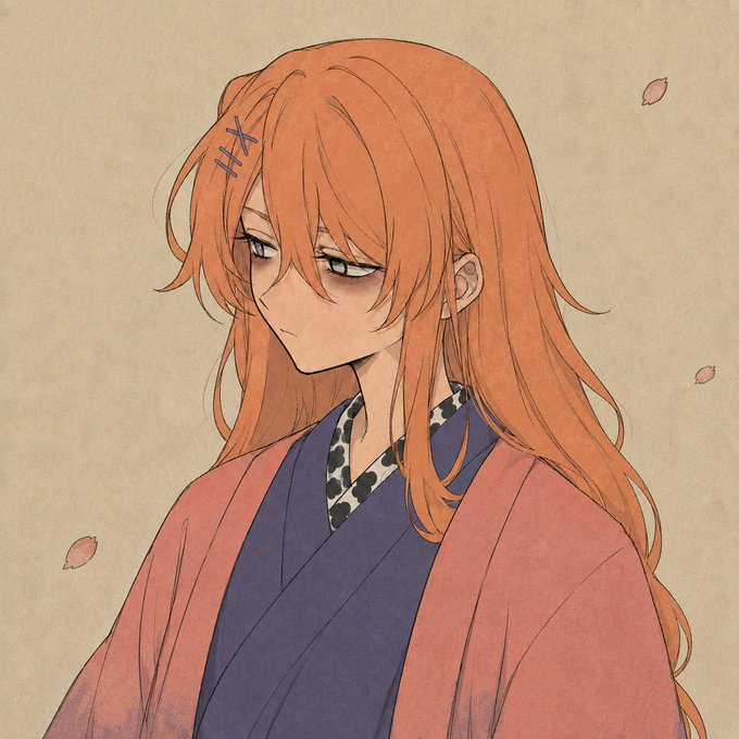 An anime-style illustration of a long-haired orange-haired girl wearing a pink and purple kimono with a leopard print collar, shown with a downcast gaze against a parchment-textured background with falling petals. The artwork represents one of the 999 limited NFT characters from the @HanamiDays collection on Ethereum, being offered for adoption to a new owner.