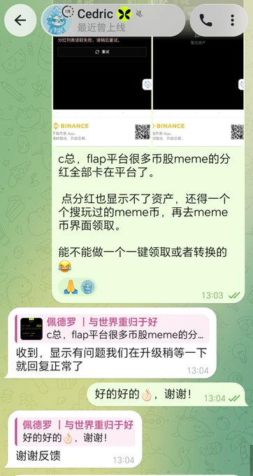 A Telegram chat between Cedric (@eth_cedric) and Flap customer support shows the user reporting that the cst, flap platform has many meme coins with red dividends stuck on it and cannot display assets, requesting a one-click claim or conversion feature, followed by support responding that they are upgrading and will fix it shortly.