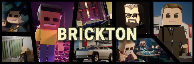 A promotional banner for the "BRICKTON" project features a collage of blocky, Minecraft-style characters and scenes, including figures resembling an investor in a suit, a bearded man with glasses, and a character interacting with a silver sports car and stacks of cash. The bold "BRICKTON" title is prominently displayed in the center, visually supporting the $BRICK Solana project announcement with its corresponding X handle and contract address.