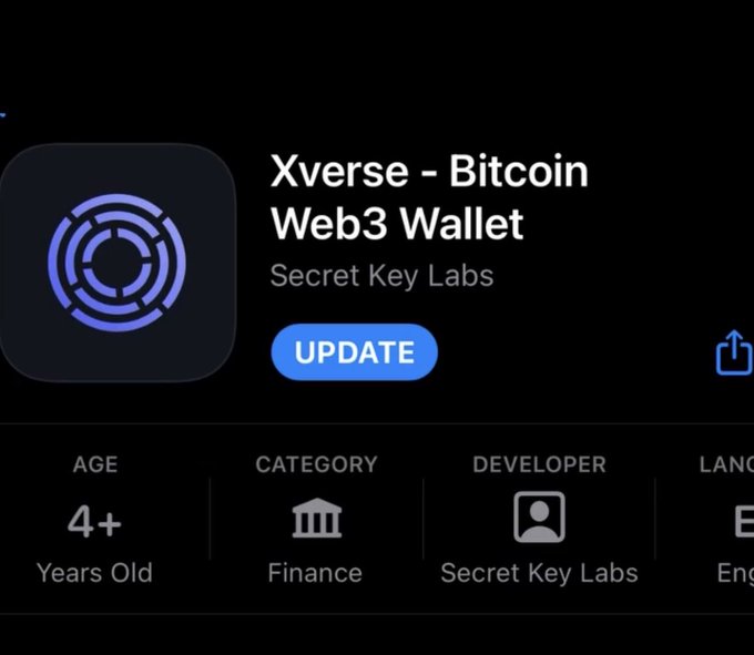 An App Store listing for 'Xverse - Bitcoin Web3 Wallet' by Secret Key Labs, displaying an update button and app details including Finance category.