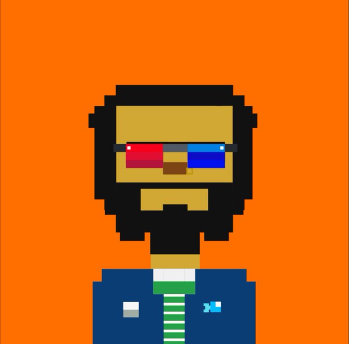 A pixel art portrait of a bearded character wearing red and blue 3D glasses and a blue pixelated outfit against an orange background.