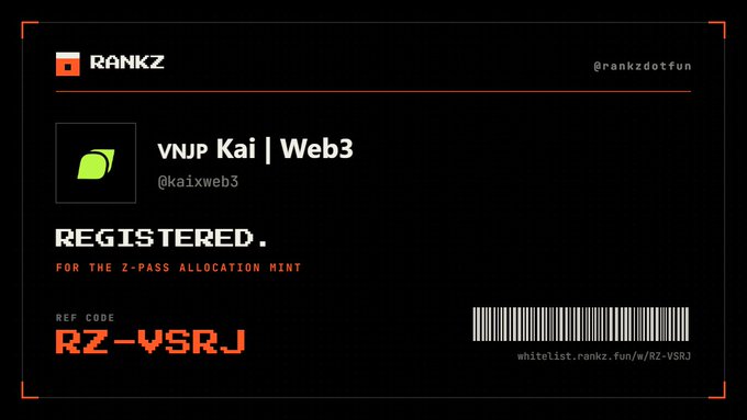A black digital card with red accents showing a RANKZ registration confirmation for 'vNJP Kai | Web3' (@kaixweb3) for the Z-PASS ALLOCATION MINT, featuring reference code RZ-V5RJ and a barcode.