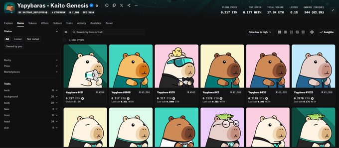 The image shows the Yapybara (Yapybara) NFT collection page on Kaito Genesis, displaying various capybara-themed digital art pieces priced around 0.317 ETH with floor price of 0.317 ETH, 1.55% listed, and 944 owned. This relates to the post's discussion about Kaito ecosystem projects and the $KAITO token's decline, as the NFT marketplace activity on Kaito Genesis reflects the broader downturn in the platform's ecosystem engagement following their staking program changes.