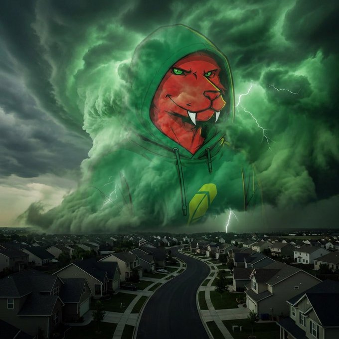 A dramatic digital illustration of a red-skinned, fanged humanoid wearing a green hoodie with an 'A' logo, emerging from a massive green storm cloud with lightning bolts over a sprawling suburban neighborhood.