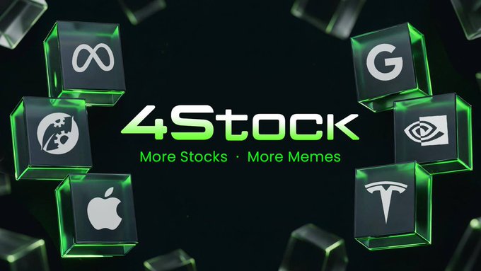 A promotional graphic for "4Stock" features a central logo with the tagline "More Stocks · More Memes," surrounded by floating green-tinted glass cubes displaying logos of recognizable brands including Meta, Google, NVIDIA, Apple, and Tesla, visually representing the platform's expansion of stock-backed assets on BNB Chain.