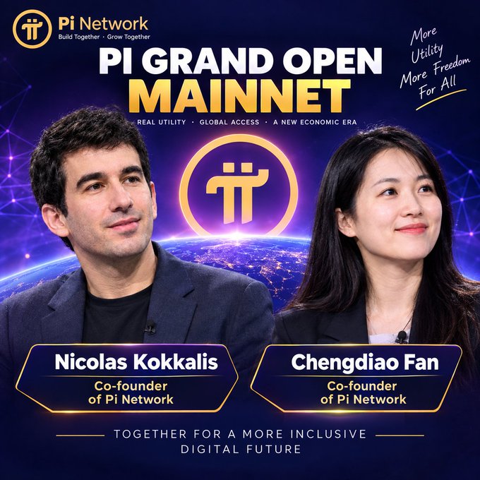 The promotional image announces "PI GRAND OPEN MAINNET" by Pi Network, featuring co-founders Nicolas Kokkalis and Chengdiao Fan, with the tagline "TOGETHER FOR A MORE INCLUSIVE DIGITAL FUTURE" and "More Utility, More Freedom, For All."

The image visually reinforces the post's claim about an inclusive, alternative economic system, as Pi Network positions its Grand Open Mainnet as a people-powered platform led by its co-founders—suggesting a grassroots counter to elite-controlled financial systems.
