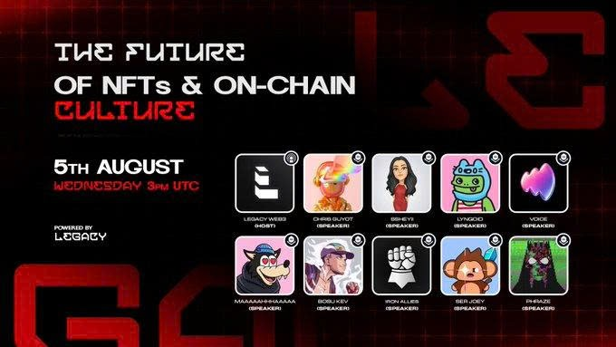 A promotional graphic for an event titled 'THE FUTURE OF NFTs & ON-CHAIN CULTURE' on 5th August, displaying a grid of 10 speaker portraits with usernames.