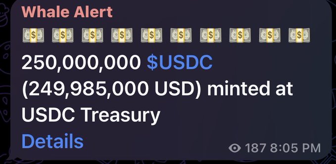 A "Whale Alert" notification shows 250,000,000 USDC (249,985,000 USD) freshly minted at the USDC Treasury, aligning with the post about adding $250 million in new liquidity to Solana. The alert confirms the substantial new dollar supply referenced by the poster.
