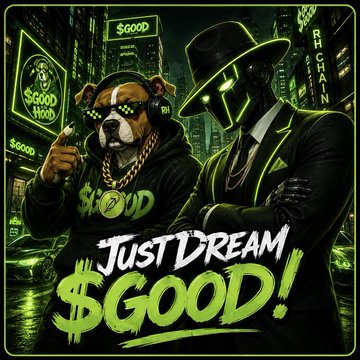 A bold, neon-green street-art style graphic features an anthropomorphic bulldog wearing headphones and a chain next to a suited figure with a glowing dollar-sign face, promoting "$GOOD" with the slogan "Just Dream $GOOD!"—aligning with the post celebrating the $GOOD x $DOGGIE giveaway winners and the "vertical chart" hype.