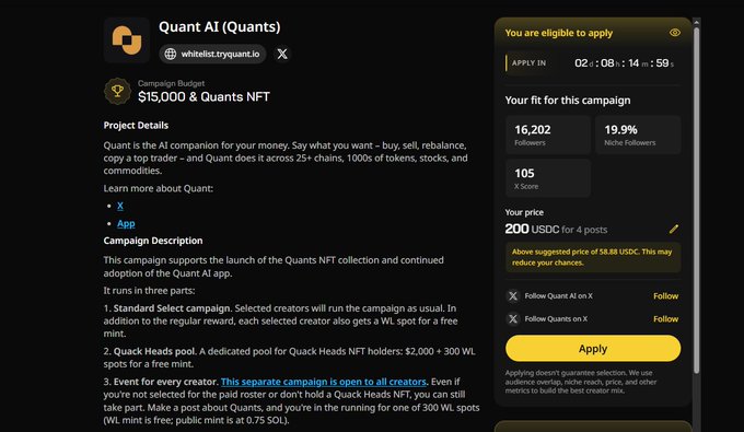 A campaign page for 'Quant AI (Quants)' showing a $15,000 campaign budget, follower stats (16,202 followers, 19.9% niche), and a 200 USDC price for 4 posts.