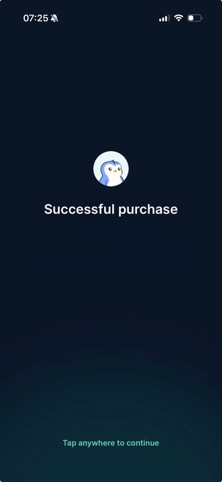 A "Successful purchase" confirmation screen is displayed, featuring a cute penguin graphic that likely represents the $PENGU ticker mentioned in the post. The image signifies a successful transaction related to the $PENGU investment.