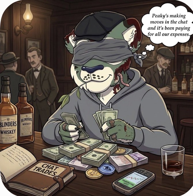 An illustrated anthropomorphic dog character wearing a cap and blindfold counts stacks of cash in a saloon setting, with a speech bubble reading 'Peaky's making moves in the chat and it's been paying for all our expenses.'