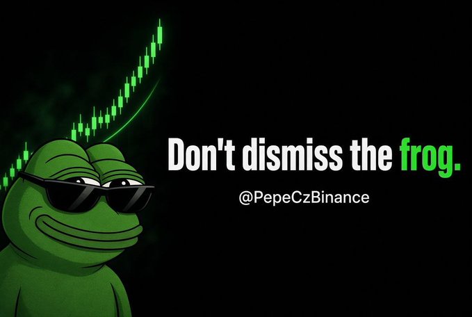 A Pepe-themed graphic shows a green frog wearing sunglasses beside an upward-trending candlestick chart and the text “Don’t dismiss the frog. @PepeCzBinance.”
