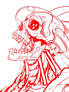 A red and white line art sketch of a mechanical or robotic creature featuring a skull-like face with sharp teeth and a glowing eye.