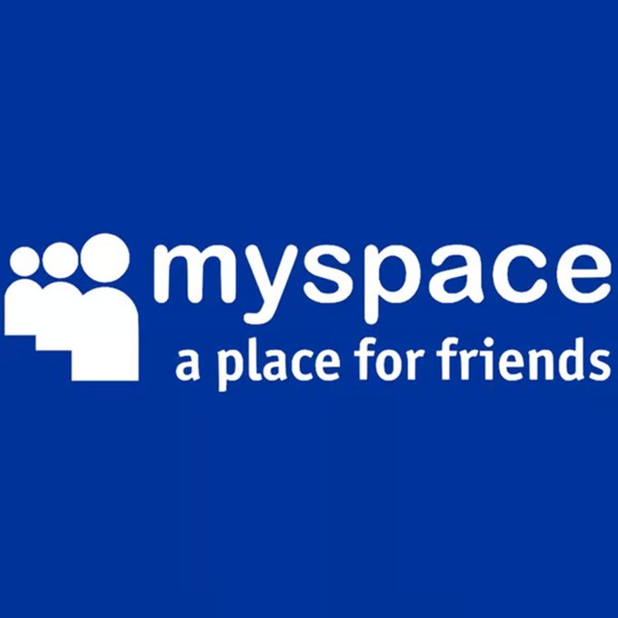 The image shows the classic Myspace logo with its signature blue background, featuring three white silhouetted figures and the text "myspace - a place for friends." This nostalgic branding ties into the post about Myspace's return, highlighting the platform's iconic original identity before its long hiatus.