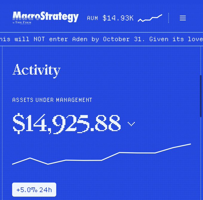 A screenshot of a MacroStrategy webpage showing Assets Under Management of $14,925.88 with a +5.0% 24h change, on a blue background.