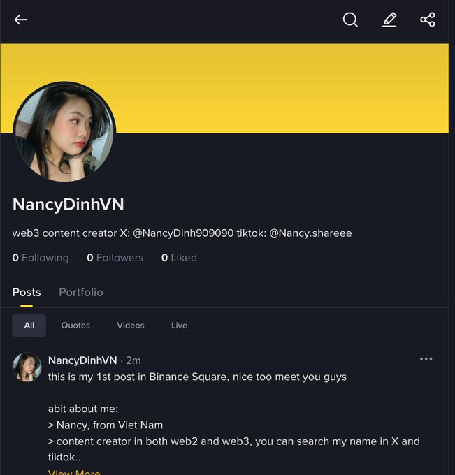 The image shows a Binance Square profile page for user "NancyDinhVN," a web3 content creator from Vietnam with 0 followers, where she introduces herself in her first post on the platform. Her introduction aligns with the welcome message, as she announces her arrival and shares details about being a content creator active on web2 and web3 platforms like X and TikTok.