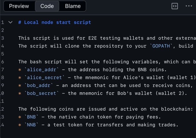The image shows a code preview from a GitHub page displaying a README or documentation file for a local node start script. The key content includes references to wallet addresses (`alice_addr`, `bob_addr`), mnemonics (`alice_secret`, `bob_secret`), and a note that `$BNB` is the native chain token while `$NNB` is described as "a test token for transfers and making trades." This directly supports the social media post's observation that `$NNB` appears to be an obscure, forgotten test token found in the BNB Chain node repository, often unknown to the broader crypto community despite being part of the code's documentation.
