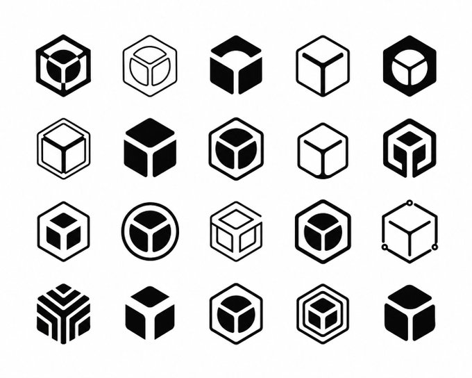A grid of 20 black and white minimalist icons, all featuring various geometric and stylized cube or hexagonal designs.