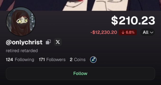 A social media profile for @onlychrist shows a portfolio value of $210.23 with a daily loss of -$12,230.20 or 6.8%, labeled 'retired retarded' with 171 followers.