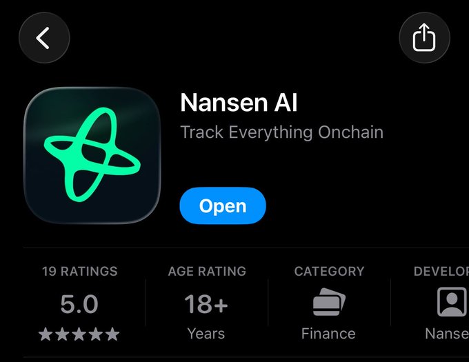 The image features a screenshot of an app's display, showing information about its functionality. The main feature displayed is the Nansen AI mobile app that tracks everything according to blockchain technology. This information also includes the age rating and development status for the app, as well as finance-related details like payments capabilities and other data points.
