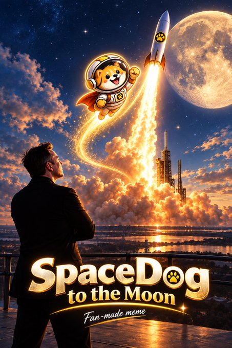 A fan-made meme poster titled 'SpaceDog to the Moon' depicting a cartoon dog in an astronaut suit riding a rocket toward a massive moon, watched by a silhouetted man in a suit.