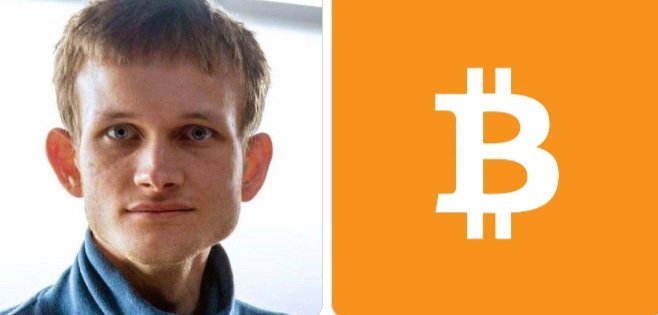 The image features a side-by-side composition showing a portrait of Vitalik Buterin on the left next to the orange Bitcoin (₿) logo on the right. This visual pairing reinforces the post's theme of Buterin's stance on Bitcoin's security, visually linking the Ethereum co-founder directly to the cryptocurrency he's betting will remain secure.