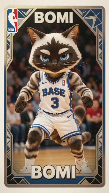 A trading card-style image featuring an anthropomorphic cat wearing a 'BASE 3' basketball jersey, with the name 'BOMI' displayed at both the top and bottom of the card with an NBA logo.