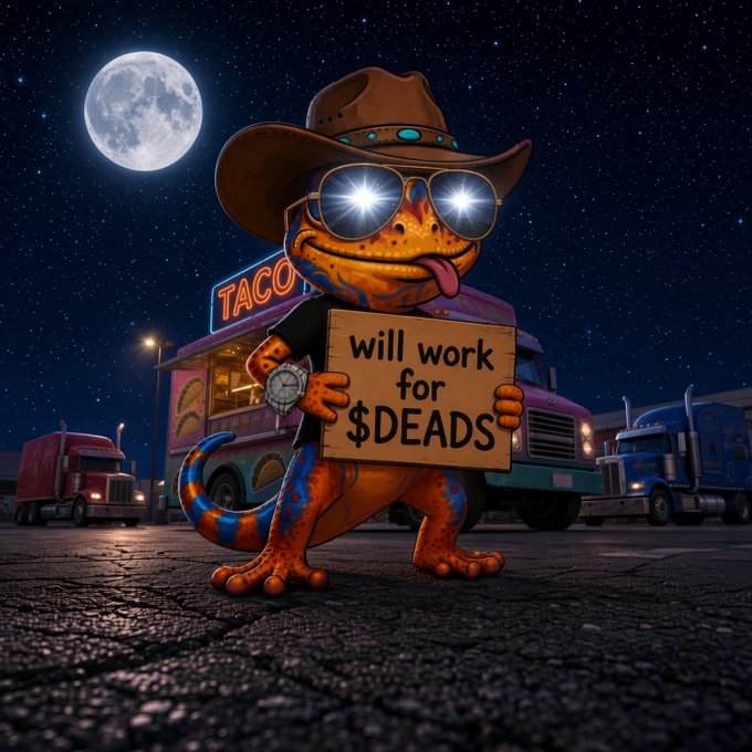 A cartoon gecko wearing a cowboy hat, sunglasses, and a t-shirt holds a "will work for $DEADS" sign while sticking out its tongue, standing in front of a neon "TACO" truck under a full moon, perfectly matching the playful "Good Night Legends" message promoting the $DEADS token.
