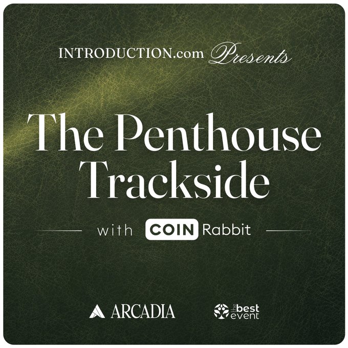 A promotional graphic with a green leather-textured background announces "The Penthouse Trackside with COIN Rabbit," presented by Arcadia and The Best Event, advertising an invite-only brunch overlooking the Marina Bay F1 circuit on October 10 for select founders, investors, and executives.