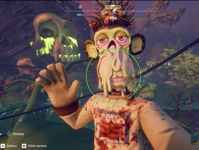 A screenshot from a video game showing a character wearing a creepy, bloodied mask with a crown of thorns and dripping features, with UI elements indicating 'RELEASE MODE' and 'Gallery'/'Orbit camera' controls.