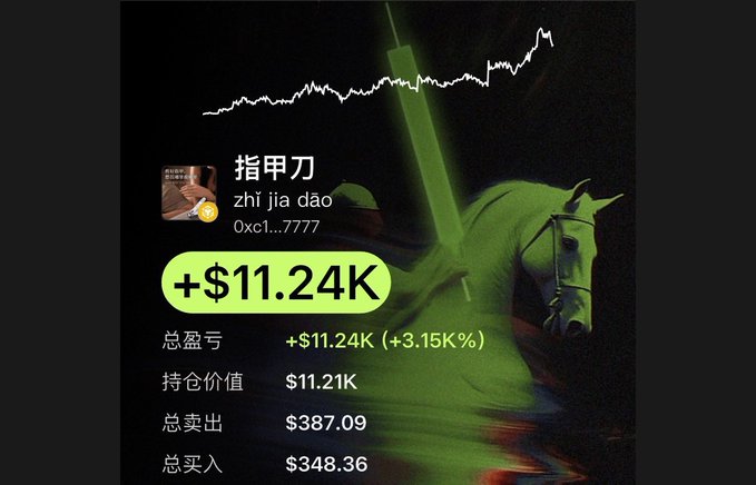 A financial tracking screenshot showing an asset named "指甲刀" (zhǐ jiǎ dāo) with a profit of +$11.24K (+3.15%), featuring a green horse illustration and an upward-trending line graph.