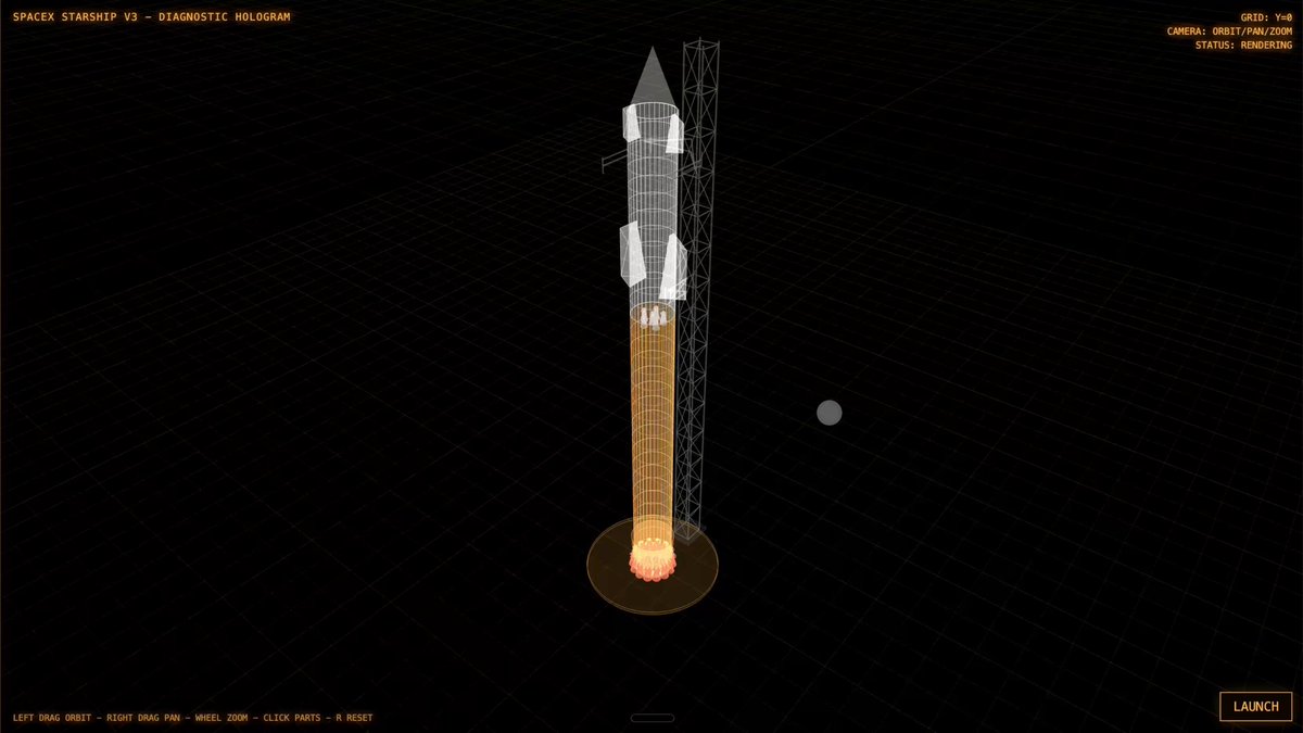 The image shows a 3D simulation of a rocket ship being launched, with an orange flame coming from the top left corner as part of its ignition process. There are two other flames visible near the middle right side, likely indicating that this launch has already taken place or is about to take place. In the bottom right corner, there is text providing information about the simulation and the skill level it was created at (Kilo Code). The post describes how Brian used Grok Build to build a 3D Starship simulator with a $0.11 price tag, focusing on an open-source project.