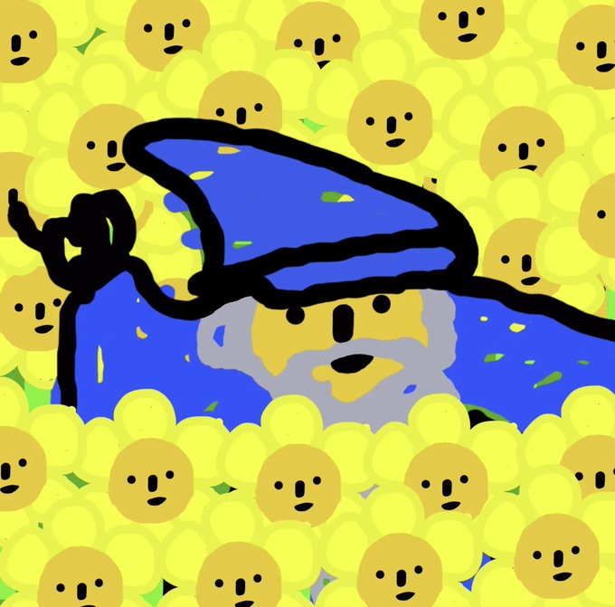 A surreal digital illustration showing a hooded figure surrounded by a crowd of yellow smiley face spheres, with one blue sphere in the center.