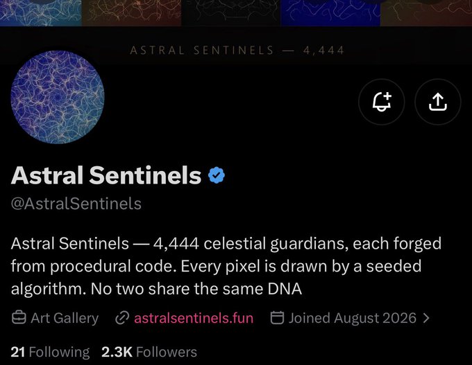 A Twitter/X profile for "Astral Sentinels" (@AstralSentinels) with 2.3K followers, describing itself as "4,444 celestial guardians" generated by procedural code.