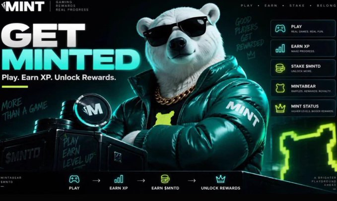 Promotional graphic for MINT Gaming Rewards featuring a polar bear mascot wearing sunglasses and a green jacket, with text 'GET MINTED - Play. Earn XP. Unlock Rewards.' and icons for PLAY, EARN XP, STAKE $MNTD, MINTABEAR, and MINT STATUS.