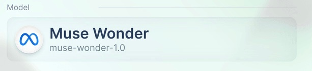 A UI element showing the 'Muse Wonder' model with the identifier 'muse-wonder-1.0' alongside a blue infinity-style logo.