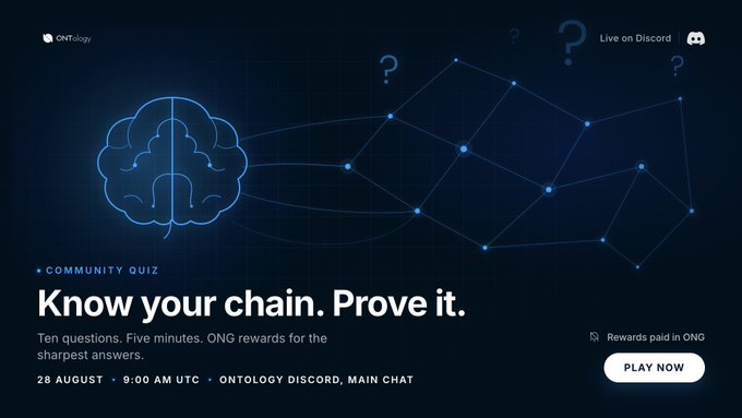 A dark blue promotional graphic for an ONTology 'COMMUNITY QUIZ' titled 'Know your chain. Prove it.' advertising ten questions and ONG rewards on Discord.